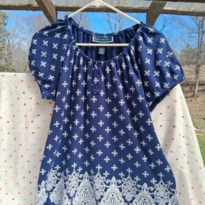 Karen Scott Navy Blue White Printed Peasant Blouse Cotton Blend